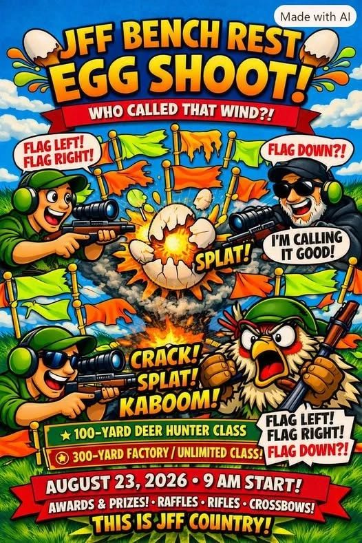 Colorful poster for JFF Bench Rest Egg Shoot event with cartoon shooters and explosive egg.