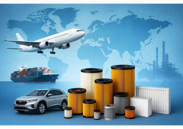 Various air, sea, and land vehicles with multiple industrial filters in front of a world map.