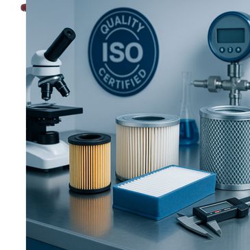 Various air filters and precision tools on a lab table with ISO quality certification.