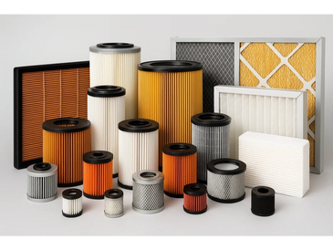 Various types of air filters arranged on a white surface.