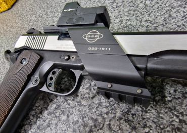 Close-up of a BSA 05B-1911 handgun.
