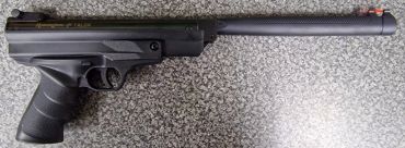 A black air pistol with an extended barrel.