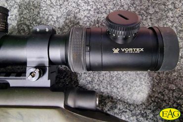 Close-up of a Vortex Optics rifle scope.