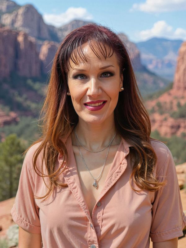 Woman with long hair standing outdoors in a mountainous area.