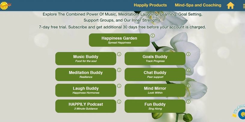 My-Happy-Mind app home page. Shows all 8 buddies and the Happiness Garden. Click anyone to use.