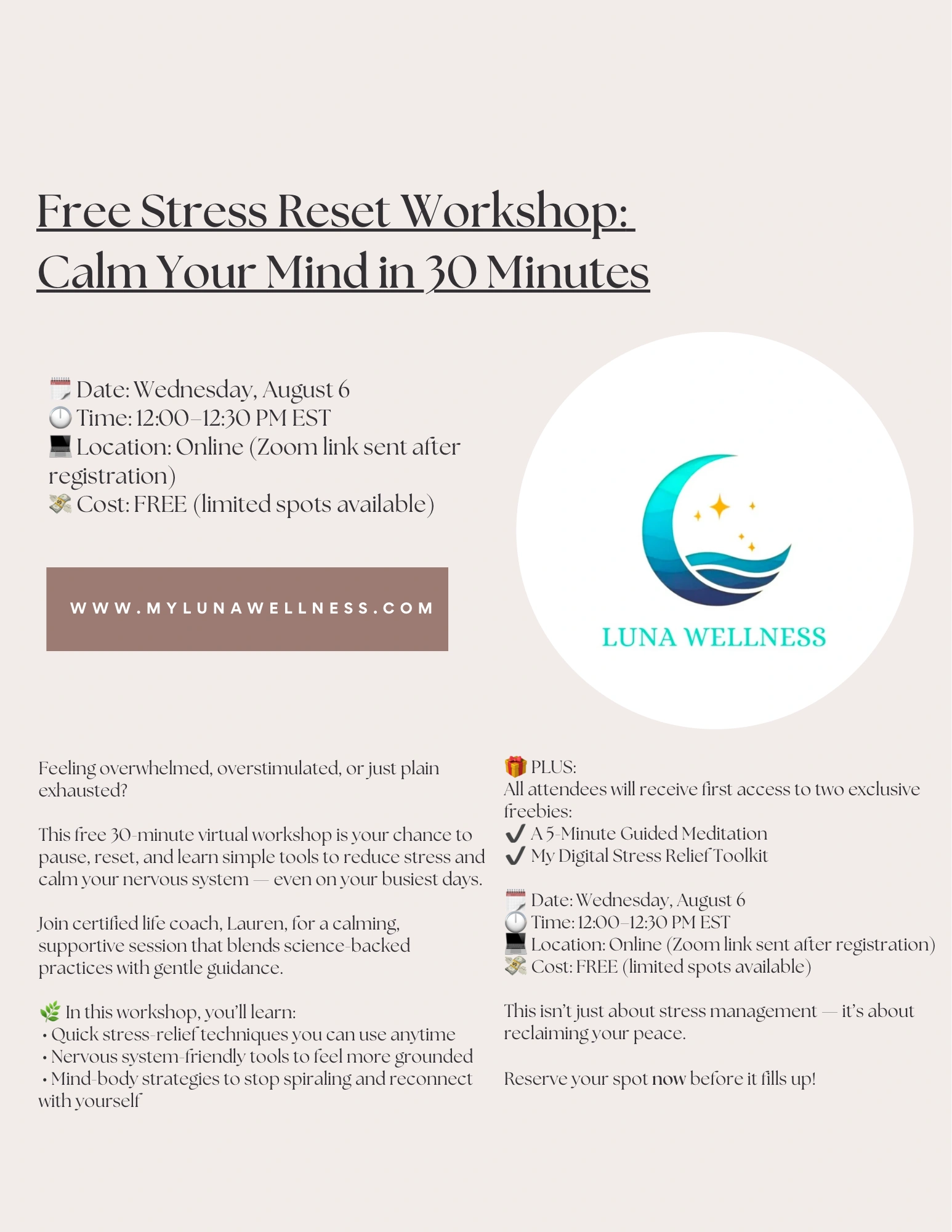 Virtual Stress Webinar
 Date:8/6 Time: 12:00–12:30 PM EST
Cost: FREE (limited spots available)