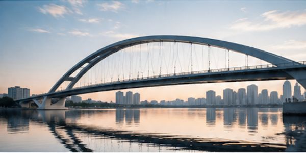 Modern arch bridge over calm water at sunset.
