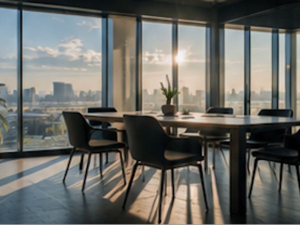 Modern conference room with cityscape view at sunset.