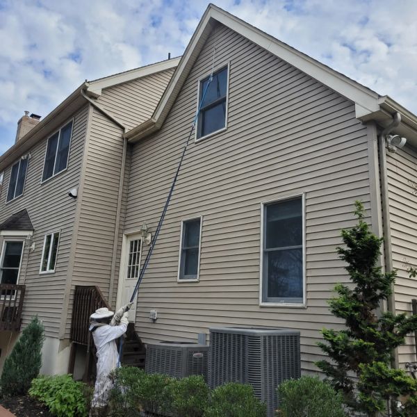 Person in protective suit inspecting a house exterior using a long pole.