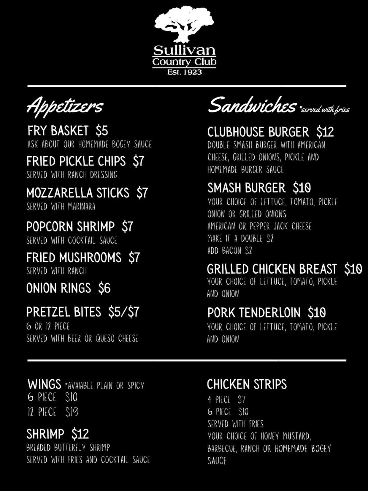 Sullivan Country Club menu featuring appetizers, sandwiches, wings, shrimp, and chicken strips with prices and descriptions.