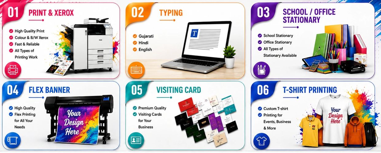 Printing and office services including Xerox, typing, stationery, banners, cards, and T-shirts.