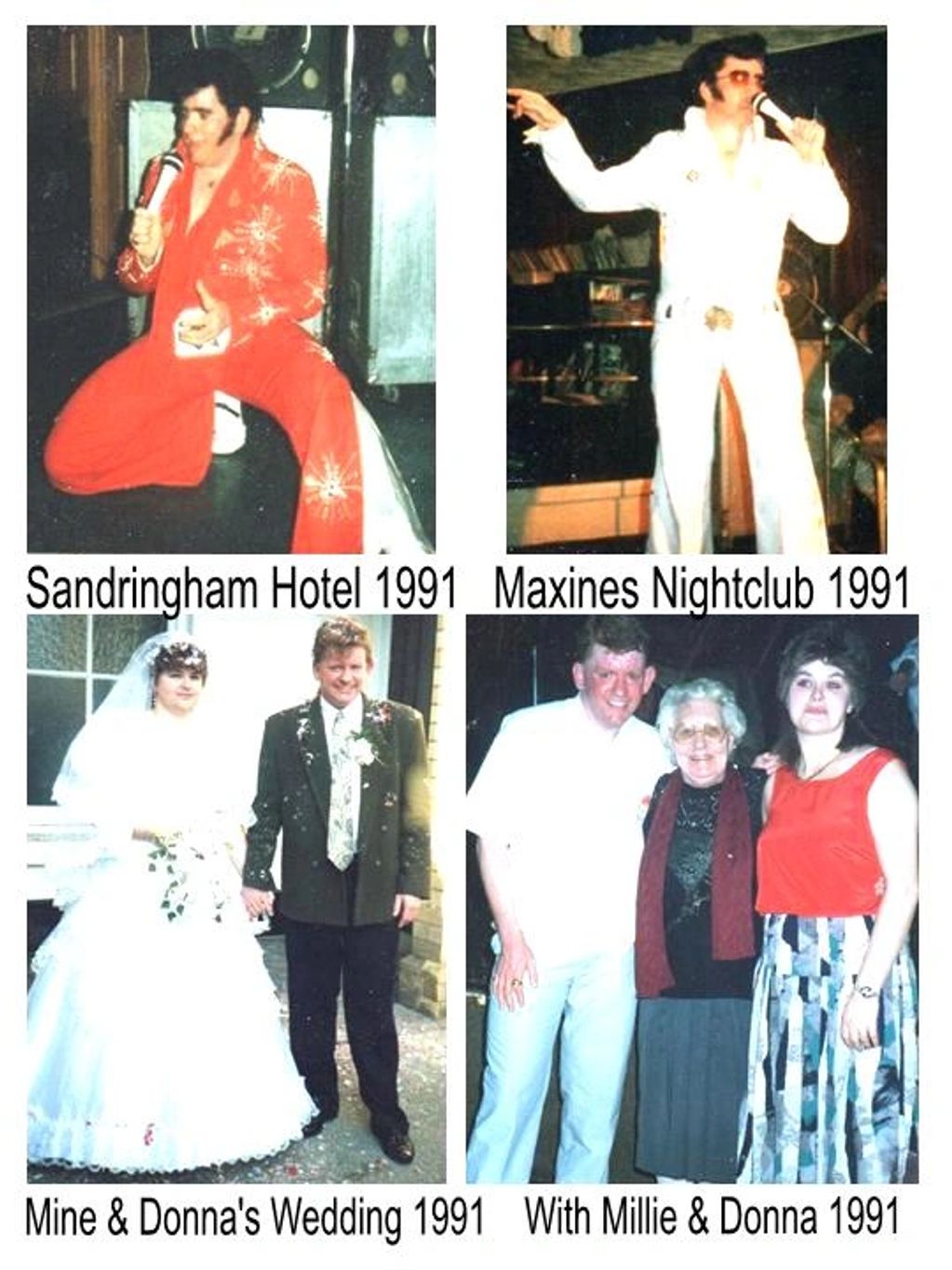 Four 1991 photos: Elvis impersonator shows, a wedding, and family moments.