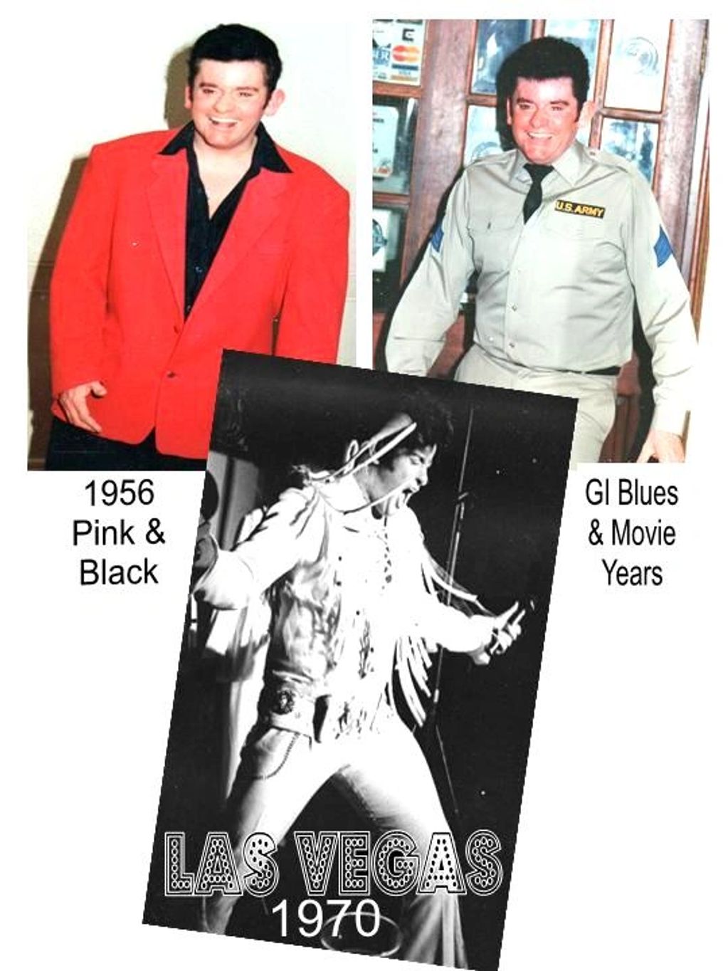 Elvis Presley in iconic outfits from 1956, 1970, and his army years.