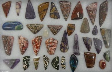 A try full of different shaped cabochons made from different stones. They were made in the Lapidary 