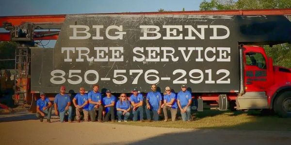 Tree service crew posing in front of their truck.