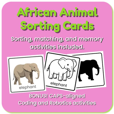 African Animal Sorting Cards. Elephant realistic, cartoon drawing and silouette.