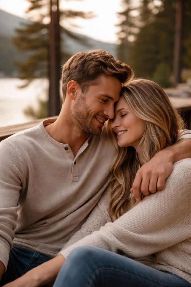 A loving couple shares a tender moment outdoors by a lake.
