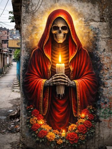 Street art of a skeleton in a red hood holding a candle surrounded by flowers.