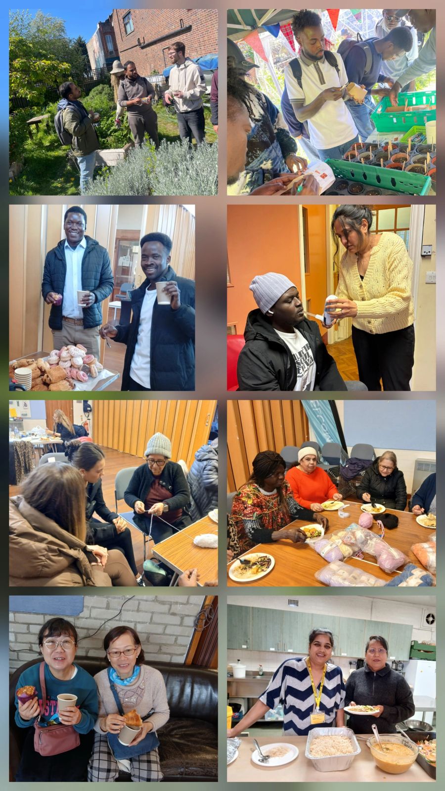 Photographs of community members at wellbeing activities, gardening and community lunches.