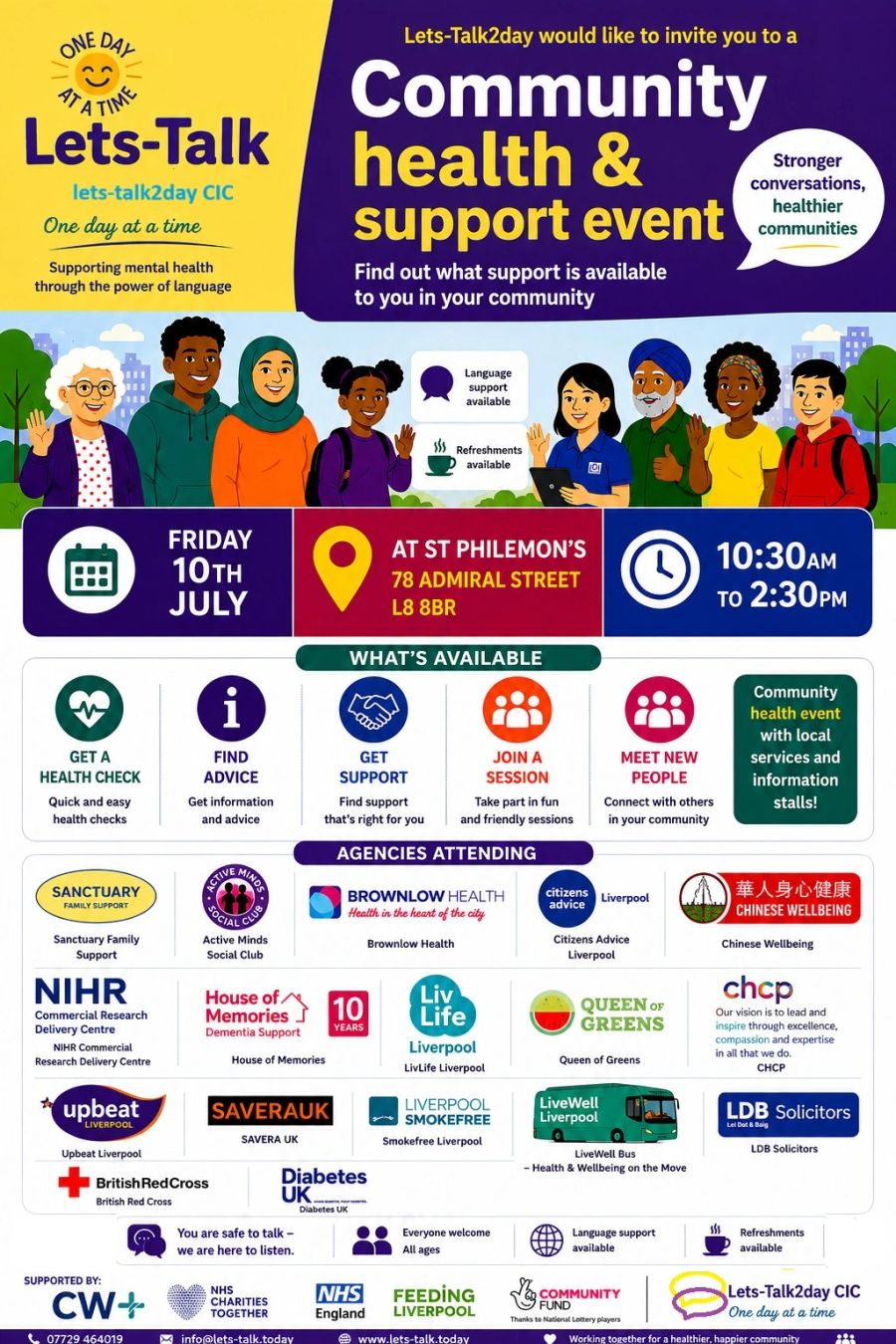 Flyer for the Lets-Talk2day Community Health and Support Event at St Philemon's, Liverpool.