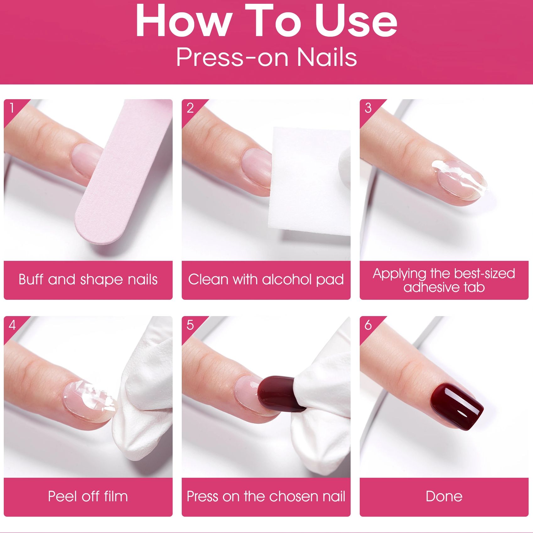 Step-by-step guide to applying press-on nails.
