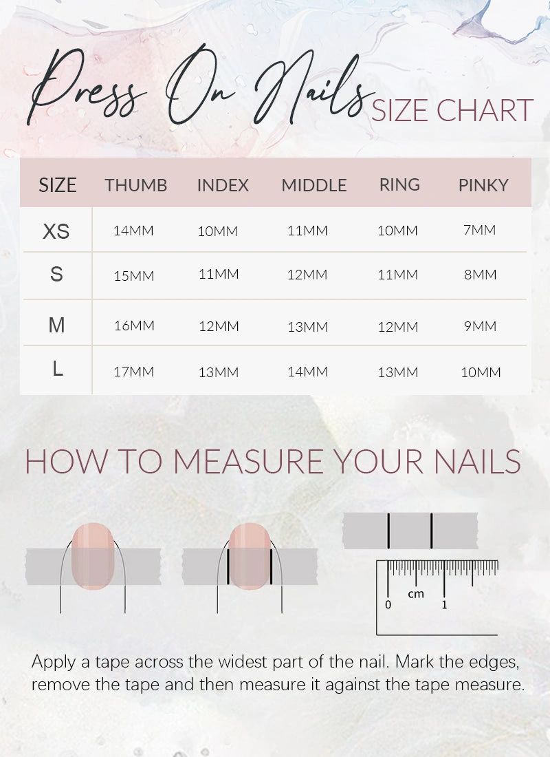 Press on nails size chart with measurements for each finger and how to measure nails.