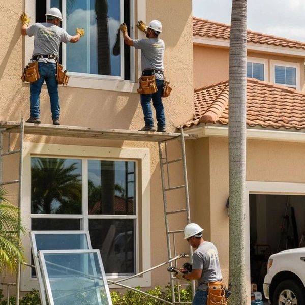 Workers installing windows on a house using scaffolding and tools.