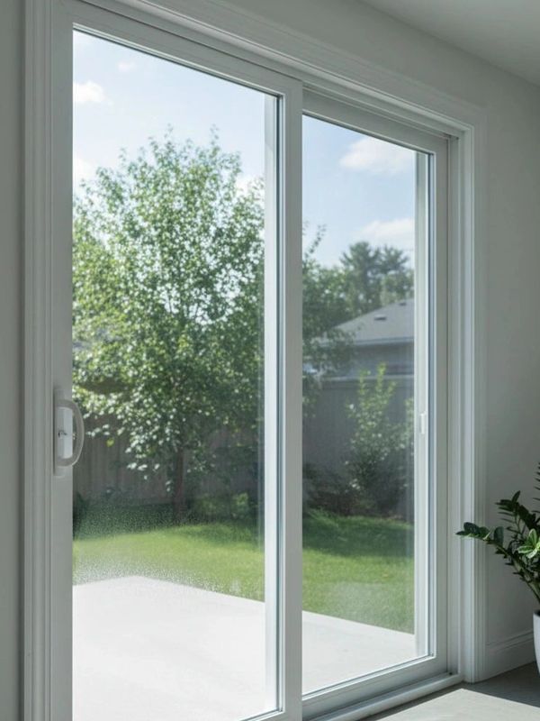 Bright sliding glass door opens to a green backyard with trees.