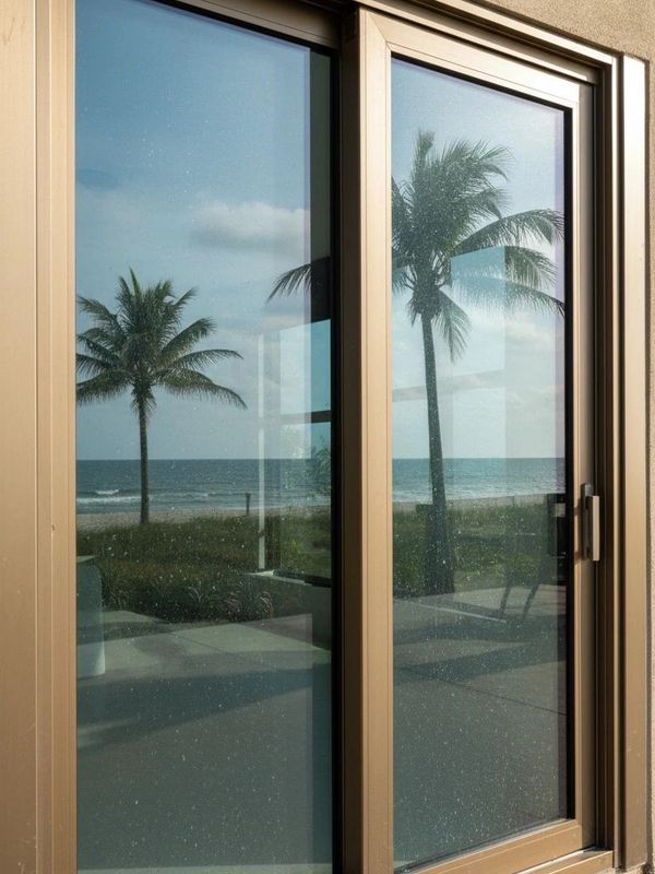 Reflection of palm trees and ocean on a glass door.