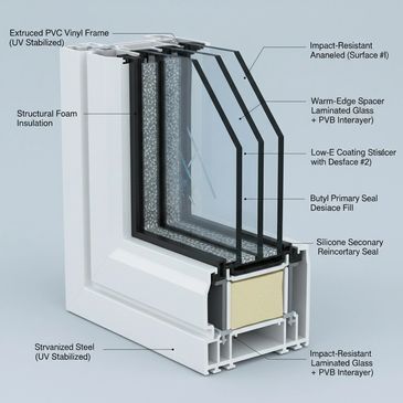 Cross-section of a multi-layer insulated window with detailed labels.