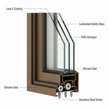 Labeled cross-section of a multi-layered glass window frame with safety features.