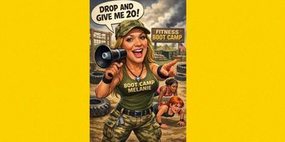 A fitness instructor enthusiastically leads a boot camp with a megaphone.
