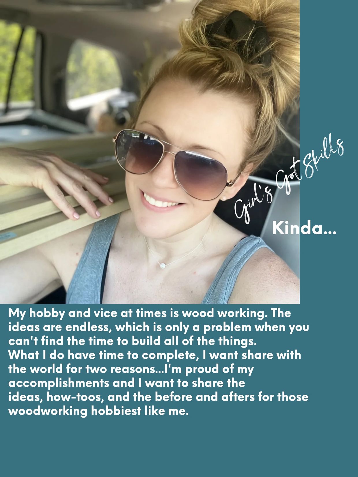 Woman smiling with woodworking materials sharing her passion and pride in woodworking.