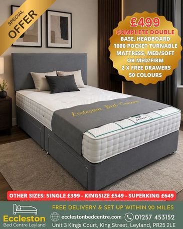 Special offer on a complete double bed set with mattress and drawers for £499.