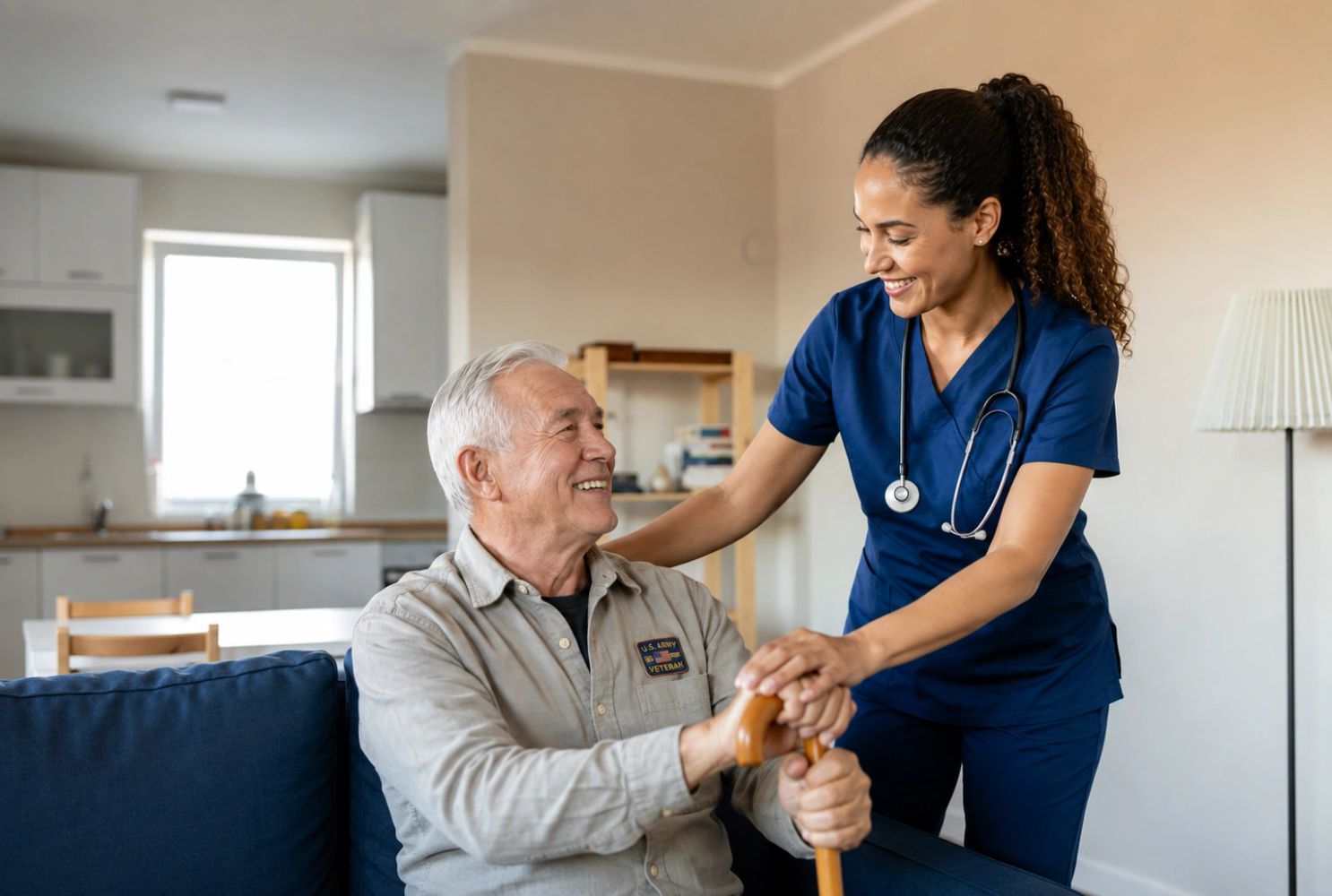 Quality of Life Partner assisting elderly man with a cane at home.