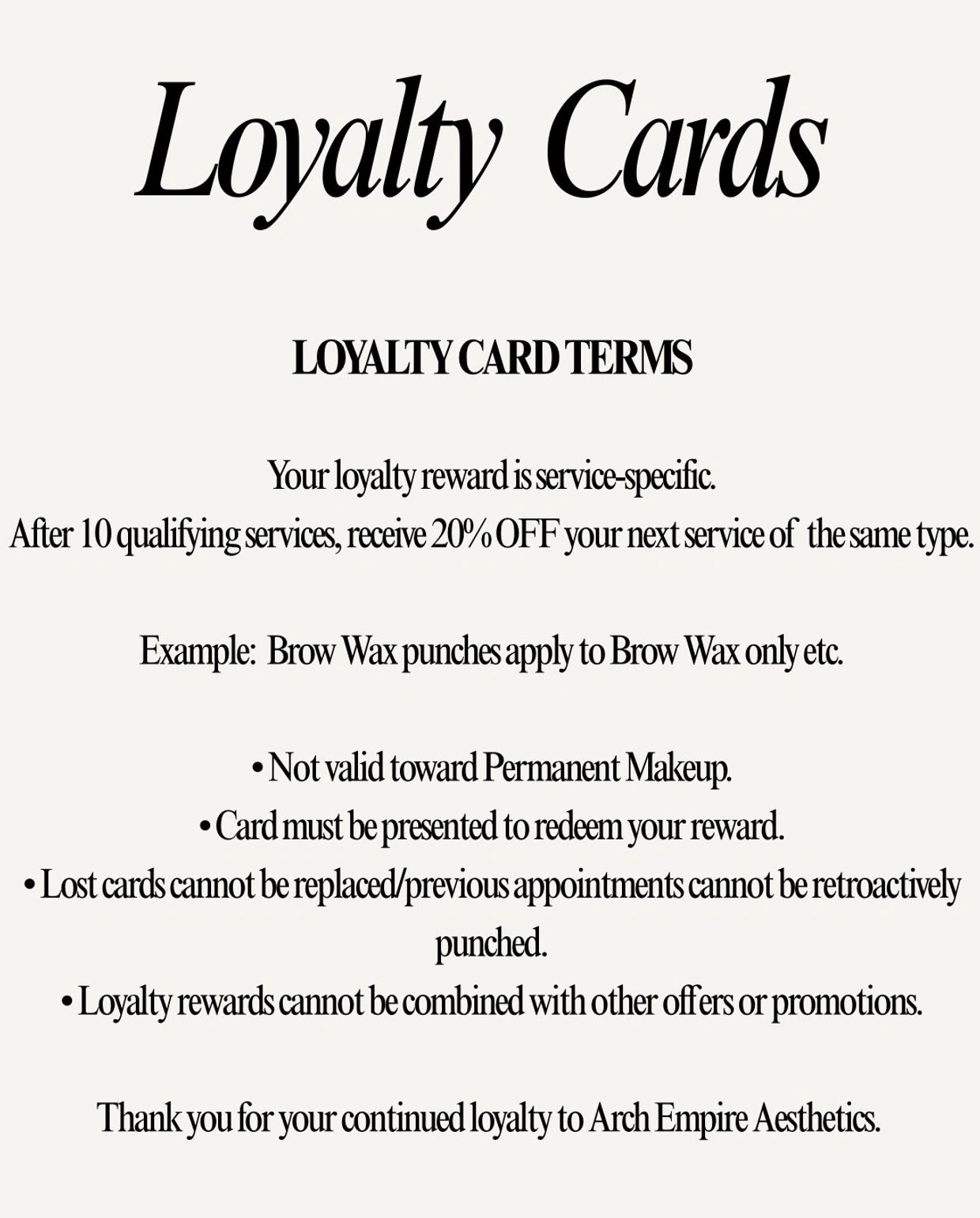 Loyalty card terms and conditions for service rewards.