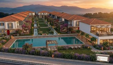 Güneş batarken lüks tatil köyü manzarası.