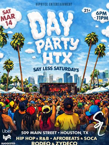 Colorful poster for Day Party HTX event in Houston with live music and crowd.