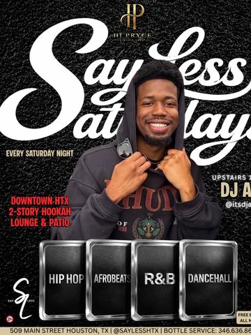 Promotional flyer featuring a smiling man for a Saturday night event in Houston.