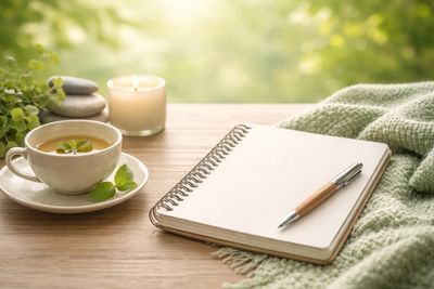 A cozy scene with a cup of tea, a notebook with a pen, and a lit candle.
