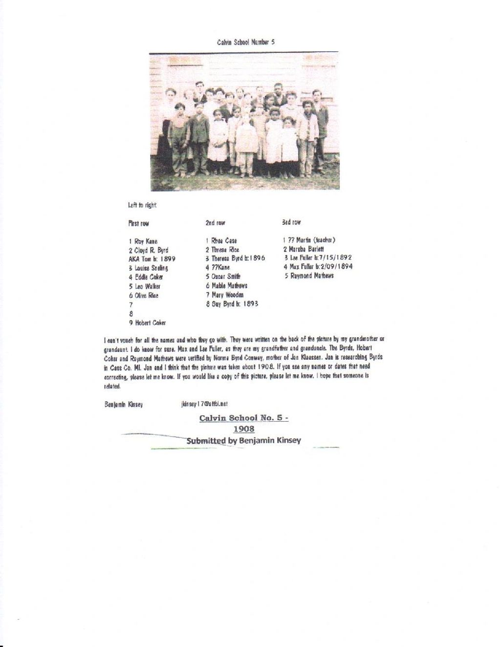 Bulhand School #5, 1908 class photo with class list.