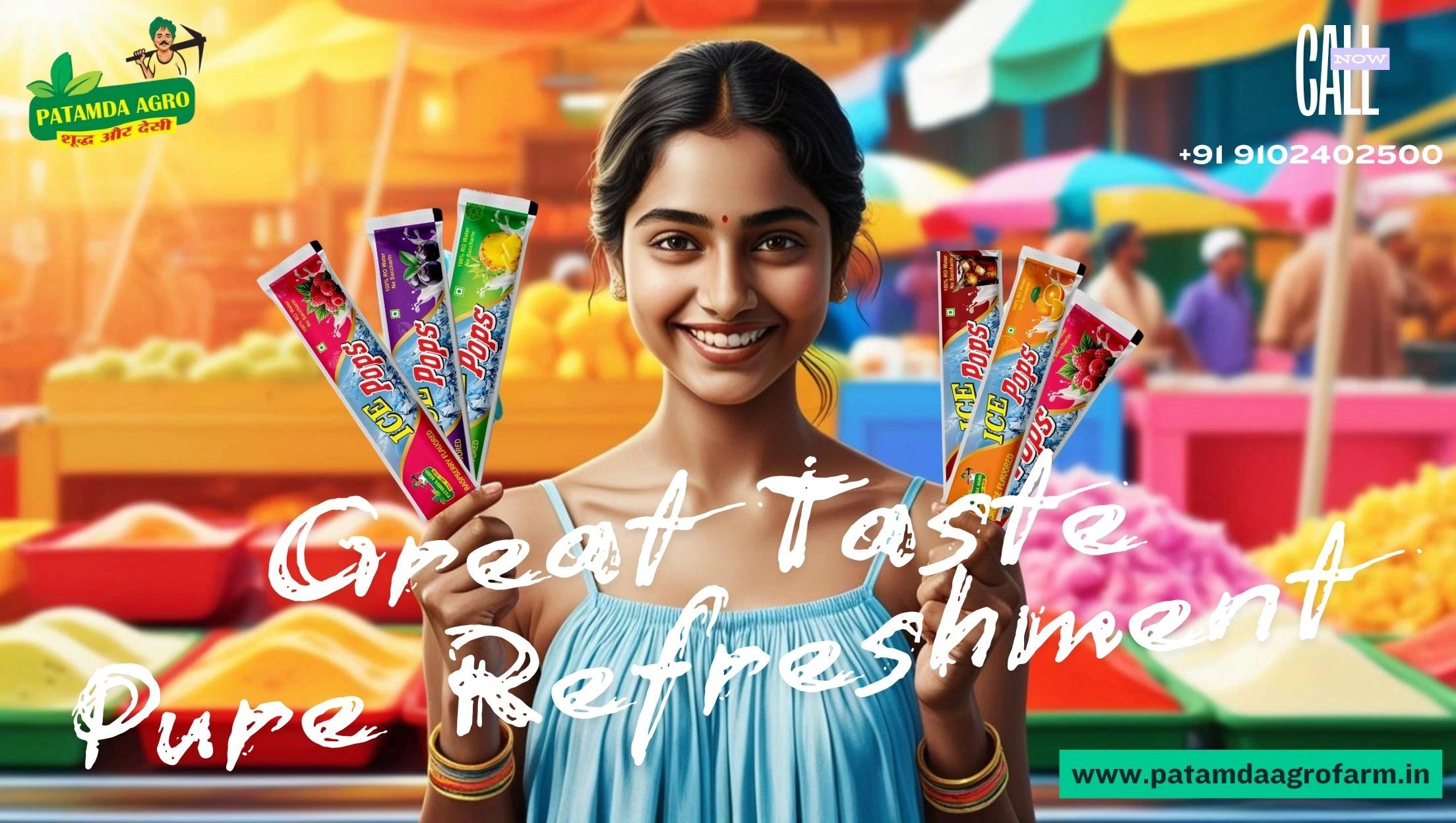 Smiling woman holding colorful ice pops with vibrant market background.