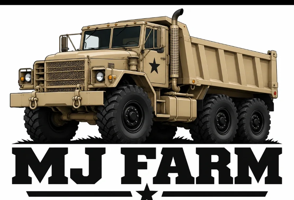 Military-style dump truck with MJ Farm logo.