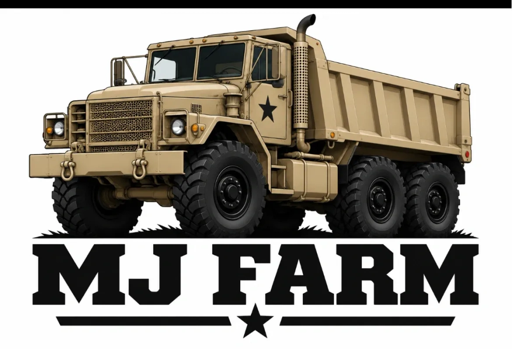 Military-style dump truck with MJ Farm logo.