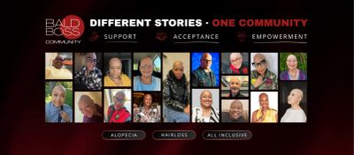 Collage of diverse bald individuals promoting community and empowerment.