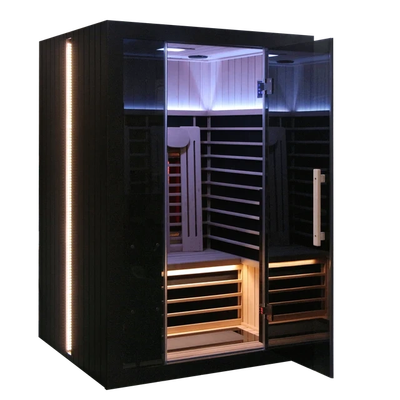 Modern infrared sauna with glass door and LED lighting.