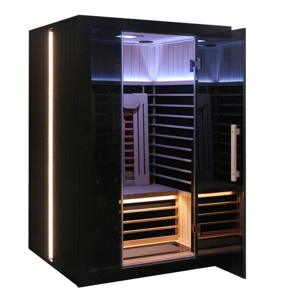 Modern infrared sauna with glass door and LED lights.