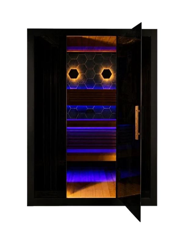 Modern sauna with hexagonal wall lights and blue accent lighting.