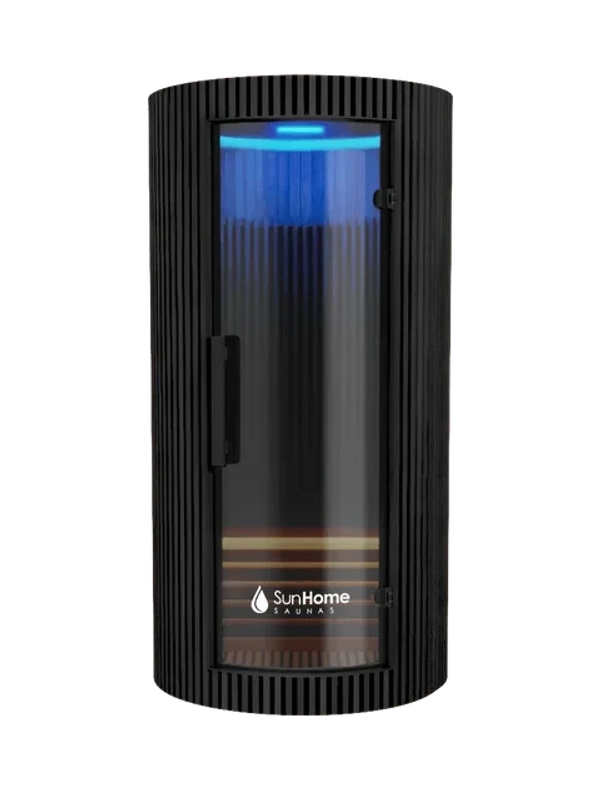 Modern black sauna with blue light and glass door.