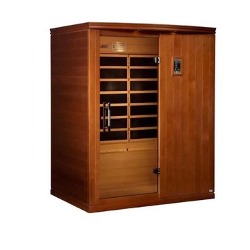 Wooden infrared sauna cabin with glass door.